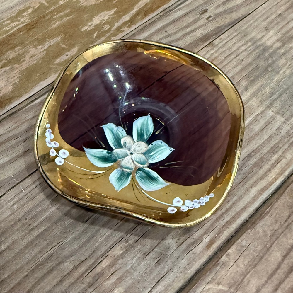 Vintage Amethyst Purple Glass Trinket Dish Gold Rim Hand Painted Floral Square